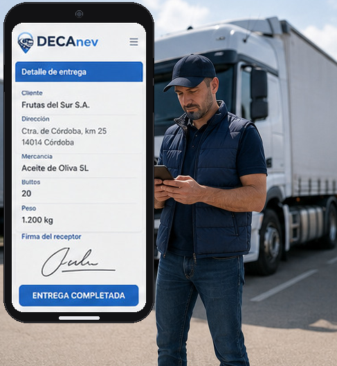 Conductor consultando el detalle de entrega firmado en la app DECAnev junto al camión